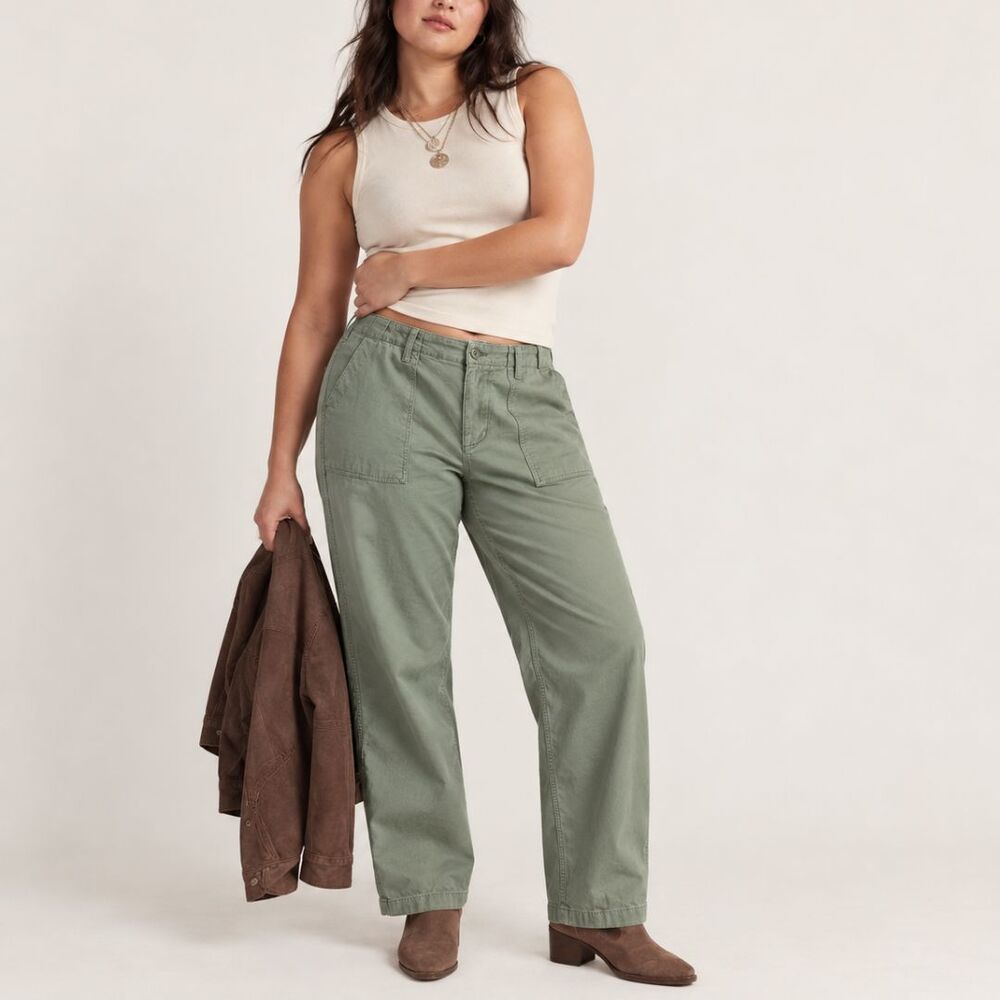 Lands End Womens 14 Moss Green High Rise Utility Chino Pants Straight Leg Cotton